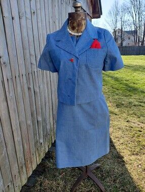 Vintage 50s blue & red Tore Marie Andre midi dress & cropped blazer Womens S